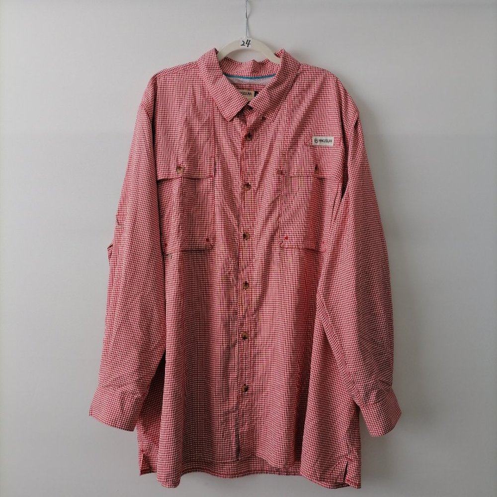 Magellan Mens Red Roll Tab Sleeve Collared Plaid Logo Button Up Shirt Size 3XL